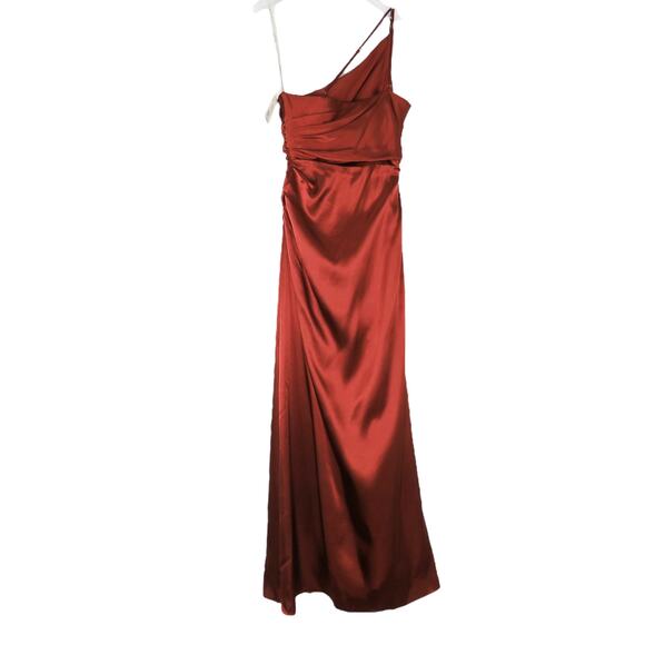 David's Bridal Galina Charmeuse Draped One-Shoulder Bridesmaid Dress 4 Cinnamon - Picture 3 of 7